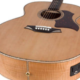 jumbo guitar with solid spruce top, maple b&s, amara ebony fb, with deluxe gigbag and wooden stand