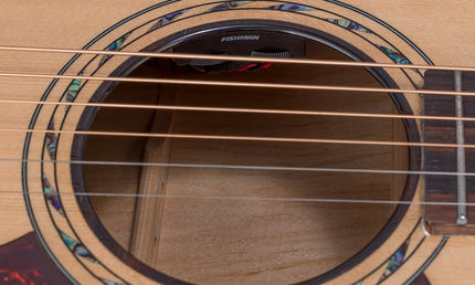 jumbo guitar with solid spruce top, maple b&s, amara ebony fb, with deluxe gigbag and wooden stand