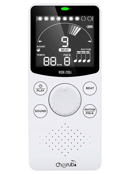 rechargeable metronome with 10 voices and rhythms, countdown timer and tap tempo