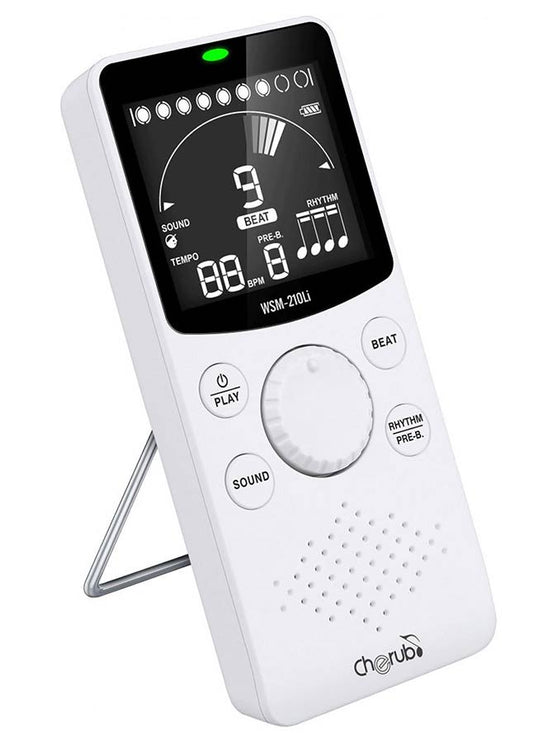 rechargeable metronome with 10 voices and rhythms, countdown timer and tap tempo