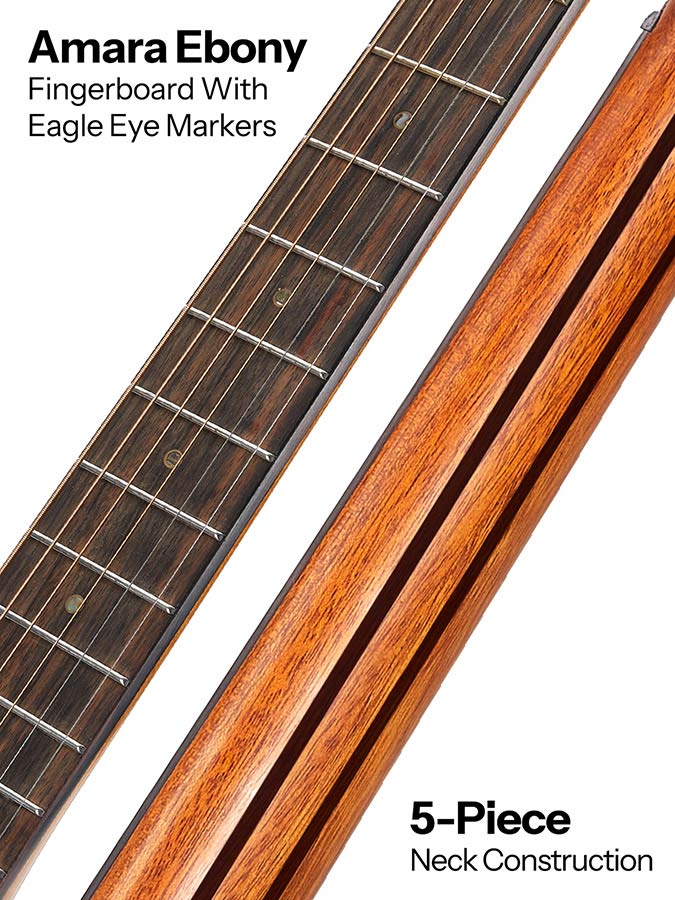 traveller guitar all solid tonewoods, amara ebony b&s & fb, natural, piezo, strap & heavy duty bag