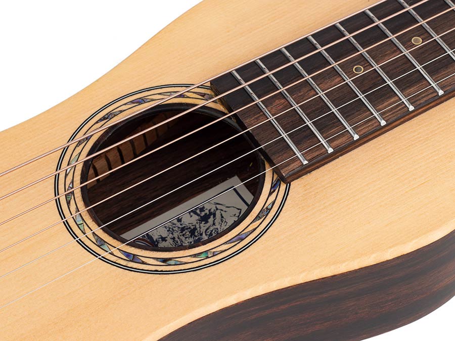 traveller guitar all solid tonewoods, amara ebony b&s & fb, natural, piezo, strap & heavy duty bag