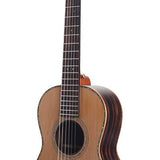parlor guitar all solid tonewoods, amara ebony b&s & fb, natural, with EQ and heavy duty bag
