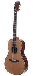 parlor guitar all solid tonewoods, amara ebony b&s & fb, natural, with EQ and heavy duty bag