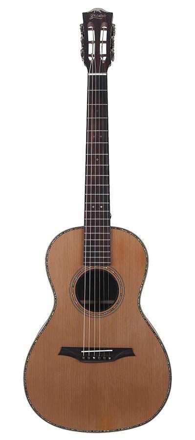 parlor guitar all solid tonewoods, amara ebony b&s & fb, natural, with EQ and heavy duty bag