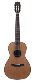 parlor guitar all solid tonewoods, amara ebony b&s & fb, natural, with EQ and heavy duty bag