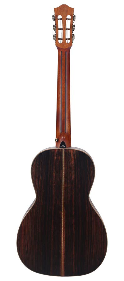 parlor guitar all solid tonewoods, amara ebony b&s & fb, natural, with EQ and heavy duty bag