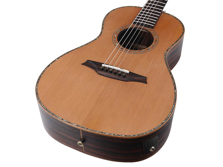 parlor guitar all solid tonewoods, amara ebony b&s & fb, natural, with EQ and heavy duty bag