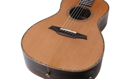 parlor guitar all solid tonewoods, amara ebony b&s & fb, natural, with EQ and heavy duty bag