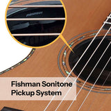 parlor guitar all solid tonewoods, amara ebony b&s & fb, natural, with EQ and heavy duty bag