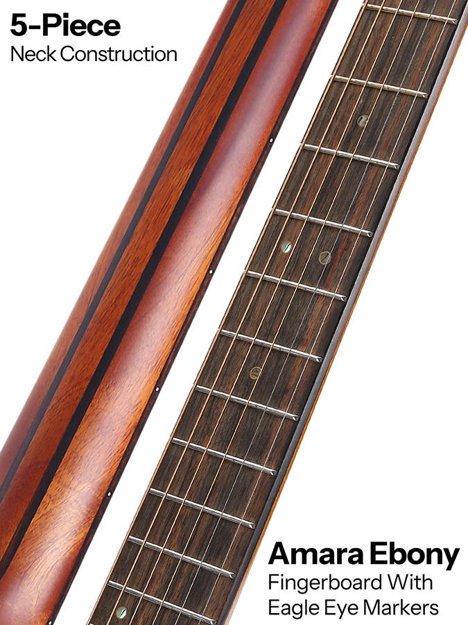 parlor guitar all solid tonewoods, amara ebony b&s & fb, natural, with EQ and heavy duty bag