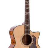 auditorium guitar with solid spruce top, 5A movingui b&s, amara ebony fb, cutaway, EQ and gigbag