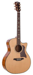 auditorium guitar with solid spruce top, 5A movingui b&s, amara ebony fb, cutaway, EQ and gigbag