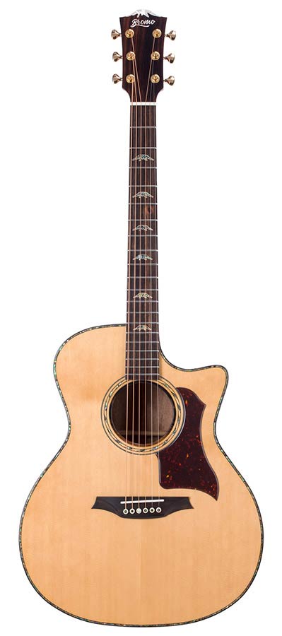 auditorium guitar with solid spruce top, 5A movingui b&s, amara ebony fb, cutaway, EQ and gigbag