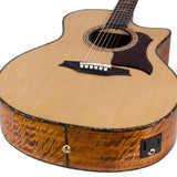 auditorium guitar with solid spruce top, 5A movingui b&s, amara ebony fb, cutaway, EQ and gigbag