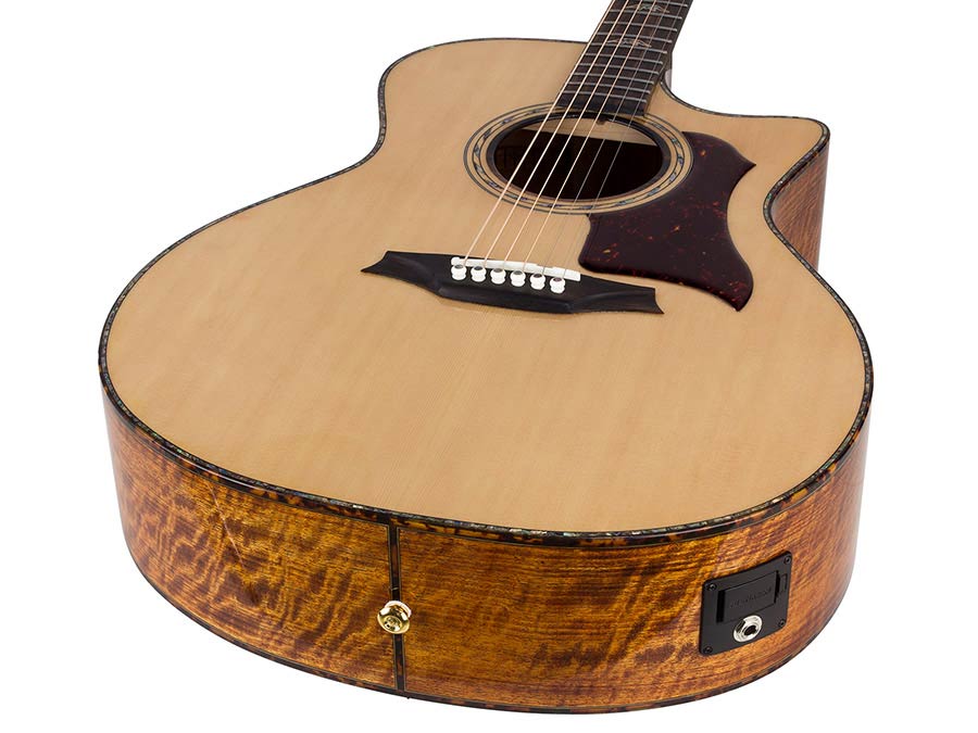 auditorium guitar with solid spruce top, 5A movingui b&s, amara ebony fb, cutaway, EQ and gigbag