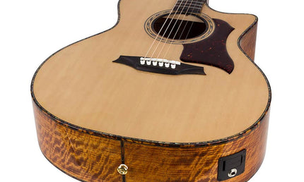 auditorium guitar with solid spruce top, 5A movingui b&s, amara ebony fb, cutaway, EQ and gigbag