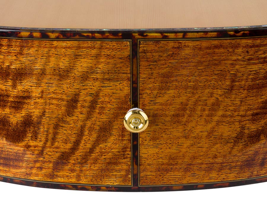 auditorium guitar with solid spruce top, 5A movingui b&s, amara ebony fb, cutaway, EQ and gigbag