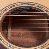 auditorium guitar with solid spruce top, 5A movingui b&s, amara ebony fb, cutaway, EQ and gigbag