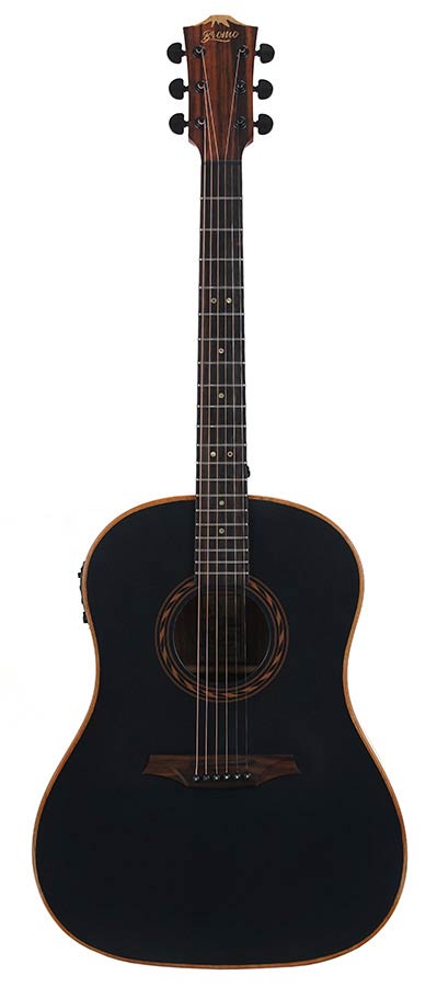 round shoulder dreadnought guitar with solid mahogany top, walnut b&s, amara ebony fb, EQ, black