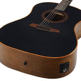 round shoulder dreadnought guitar with solid mahogany top, walnut b&s, amara ebony fb, EQ, black