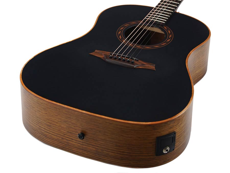 round shoulder dreadnought guitar with solid mahogany top, walnut b&s, amara ebony fb, EQ, black
