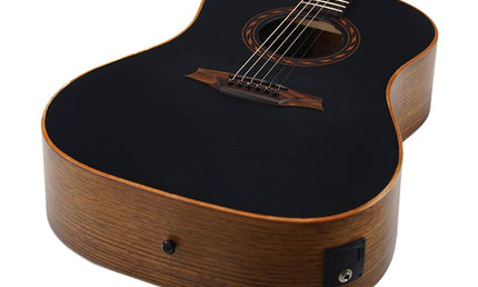 round shoulder dreadnought guitar with solid mahogany top, walnut b&s, amara ebony fb, EQ, black