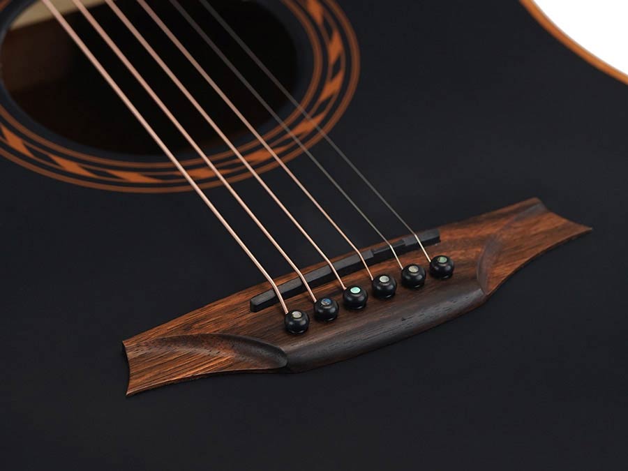 round shoulder dreadnought guitar with solid mahogany top, walnut b&s, amara ebony fb, EQ, black