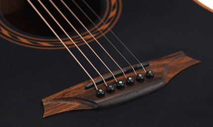 round shoulder dreadnought guitar with solid mahogany top, walnut b&s, amara ebony fb, EQ, black