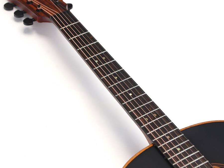 round shoulder dreadnought guitar with solid mahogany top, walnut b&s, amara ebony fb, EQ, black