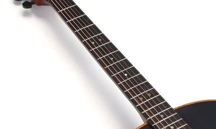round shoulder dreadnought guitar with solid mahogany top, walnut b&s, amara ebony fb, EQ, black