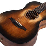 parlor guitar all solid tonewoods with 12th fret neck joint, amara ebony fb, with heavy duty bag