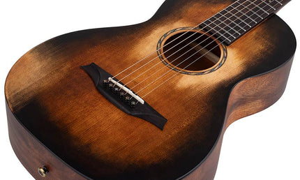 parlor guitar all solid tonewoods with 12th fret neck joint, amara ebony fb, with heavy duty bag