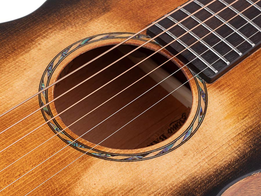 parlor guitar all solid tonewoods with 12th fret neck joint, amara ebony fb, with heavy duty bag