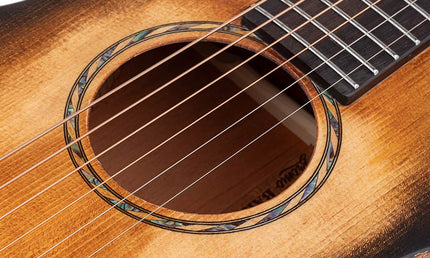 parlor guitar all solid tonewoods with 12th fret neck joint, amara ebony fb, with heavy duty bag