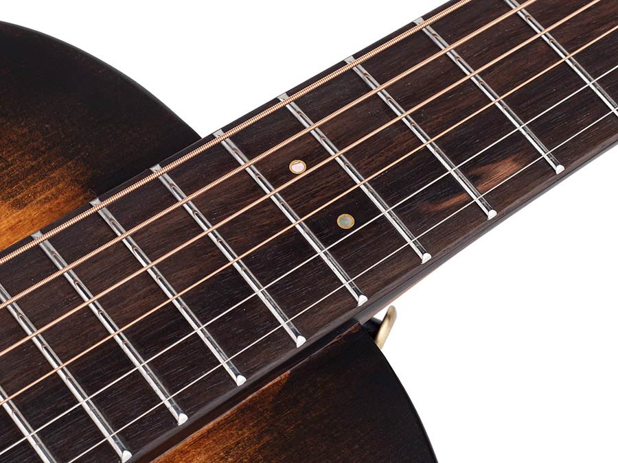 parlor guitar all solid tonewoods with 12th fret neck joint, amara ebony fb, with heavy duty bag
