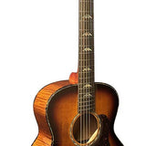 mini jumbo guitar, solid spruce top, flamed okoume b&s, amara ebony fb, vint sunburst, EQ + gigbag