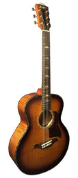 mini jumbo guitar, solid spruce top, flamed okoume b&s, amara ebony fb, vint sunburst, EQ + gigbag
