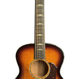 mini jumbo guitar, solid spruce top, flamed okoume b&s, amara ebony fb, vint sunburst, EQ + gigbag