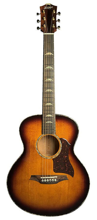 mini jumbo guitar, solid spruce top, flamed okoume b&s, amara ebony fb, vint sunburst, EQ + gigbag