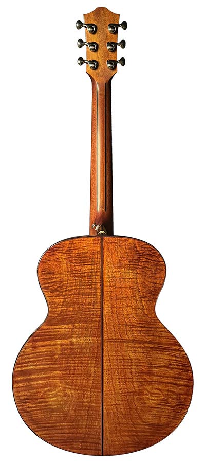 mini jumbo guitar, solid spruce top, flamed okoume b&s, amara ebony fb, vint sunburst, EQ + gigbag