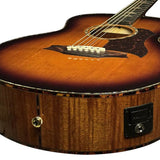 mini jumbo guitar, solid spruce top, flamed okoume b&s, amara ebony fb, vint sunburst, EQ + gigbag