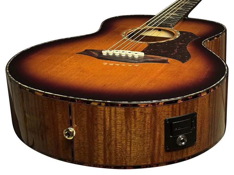mini jumbo guitar, solid spruce top, flamed okoume b&s, amara ebony fb, vint sunburst, EQ + gigbag