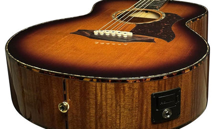 mini jumbo guitar, solid spruce top, flamed okoume b&s, amara ebony fb, vint sunburst, EQ + gigbag