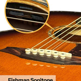 mini jumbo guitar, solid spruce top, flamed okoume b&s, amara ebony fb, vint sunburst, EQ + gigbag