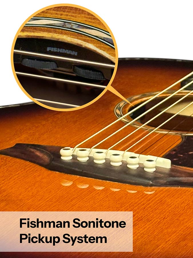 mini jumbo guitar, solid spruce top, flamed okoume b&s, amara ebony fb, vint sunburst, EQ + gigbag