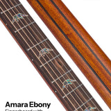 mini jumbo guitar, solid spruce top, flamed okoume b&s, amara ebony fb, vint sunburst, EQ + gigbag