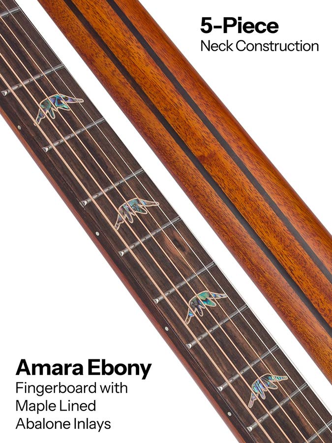 mini jumbo guitar, solid spruce top, flamed okoume b&s, amara ebony fb, vint sunburst, EQ + gigbag