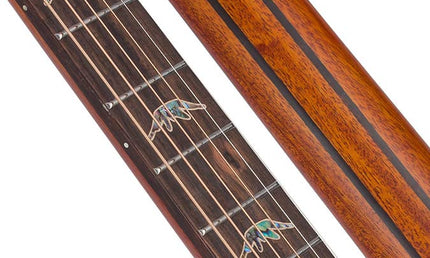 mini jumbo guitar, solid spruce top, flamed okoume b&s, amara ebony fb, vint sunburst, EQ + gigbag