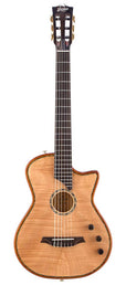 hollow body electric nylon guitar, spruce top, mahogany body, amara ebony fb, nat + hard shell case